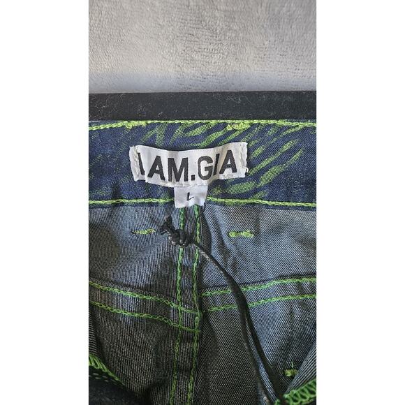 Tiger Mist I.AM.GIA Tali Tiger Denim Flare Pant Blue & Green Print NWT LARGE - Picture 4 of 11